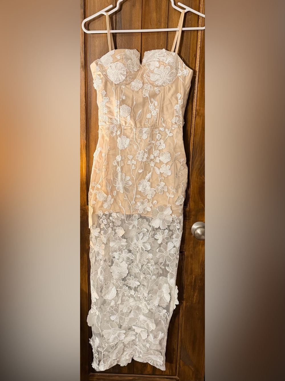 Sheer Lace Overlay Nude & White Spaghetti-Strap Dress